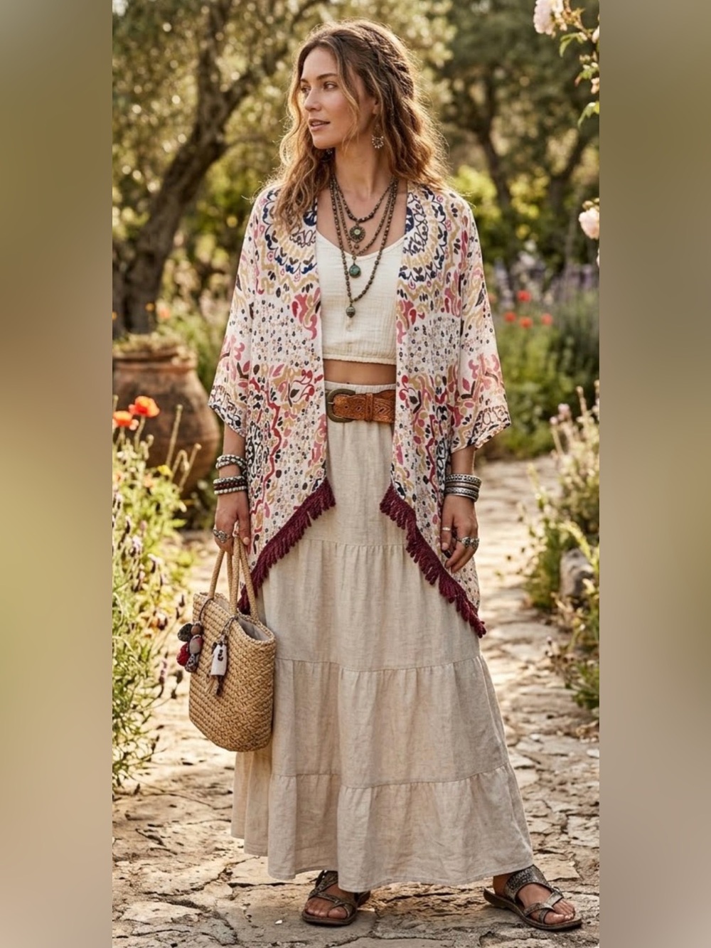 Mona B Boho Floral Fringe Kimono in Cream, Pink & Burgundy
